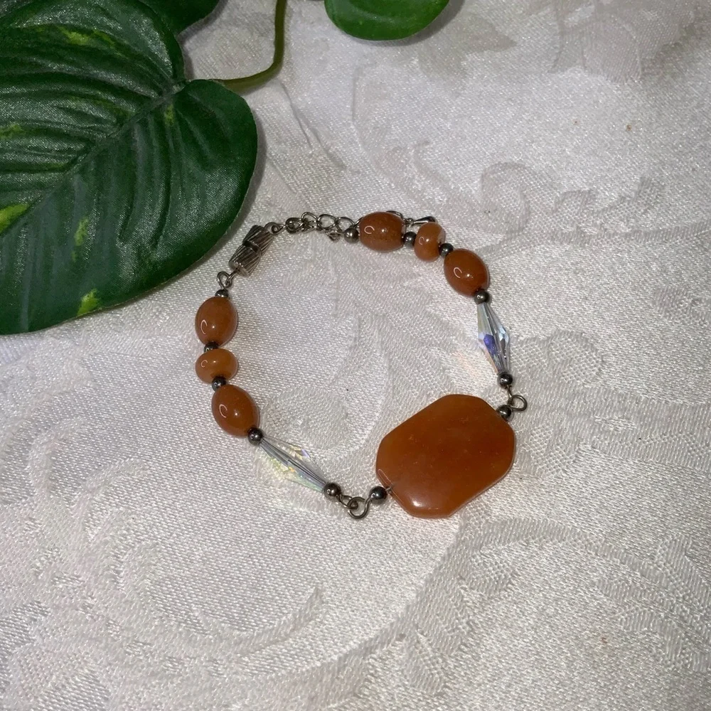Carnelian Burnt Orange Gemstone Crystal & Silver Bracelet 7”